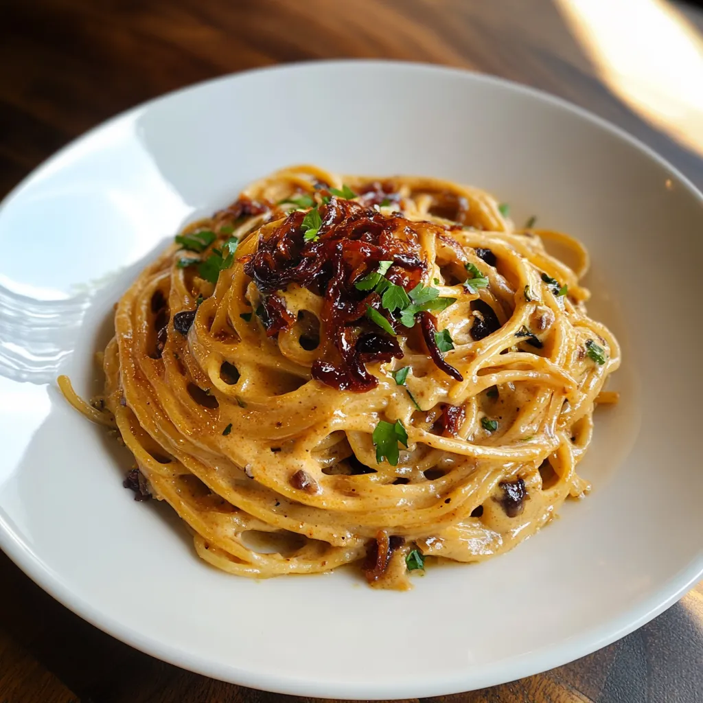 A plate of pasta with caramelized onions and chili oil.