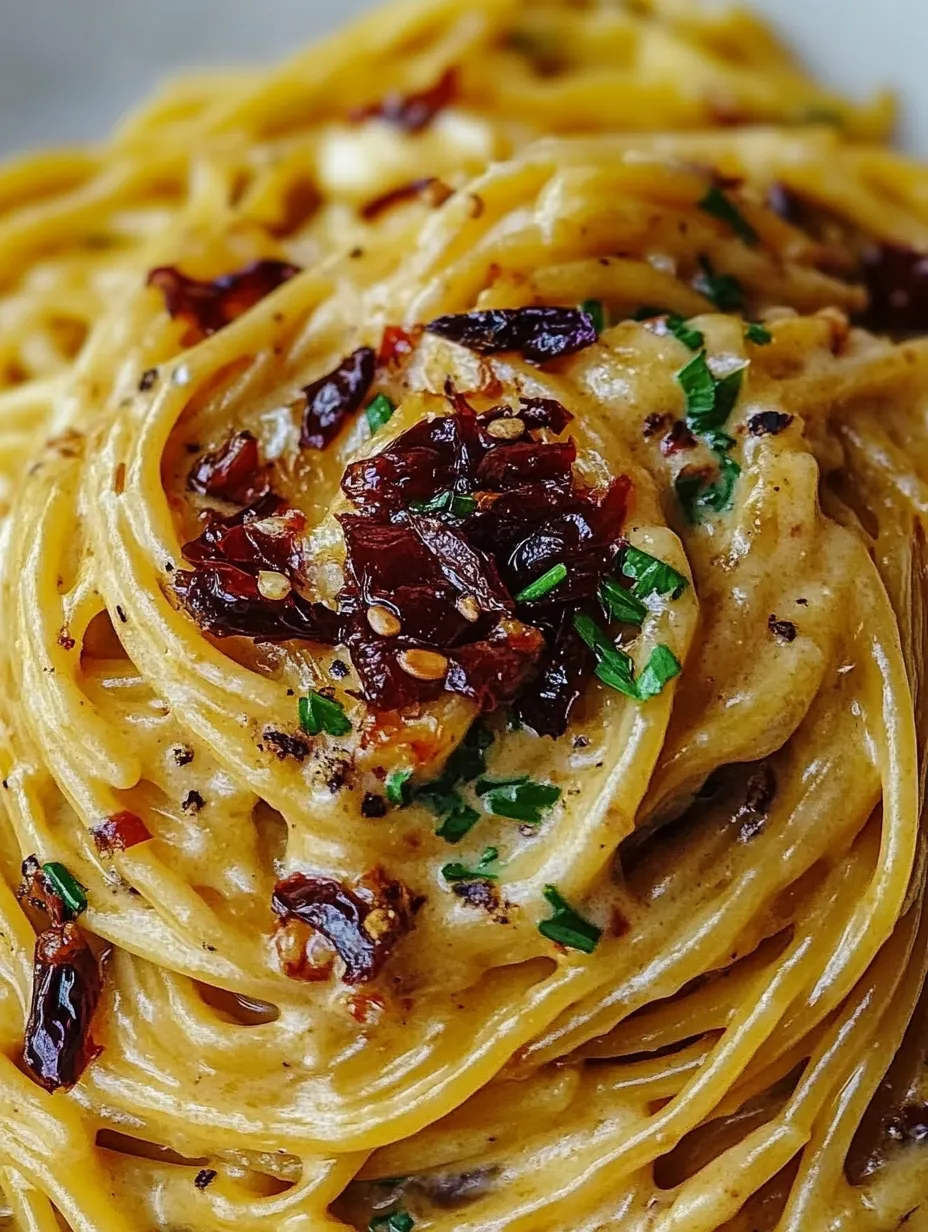 A close up of a delicious pasta dish with caramelized onions and chili oil.