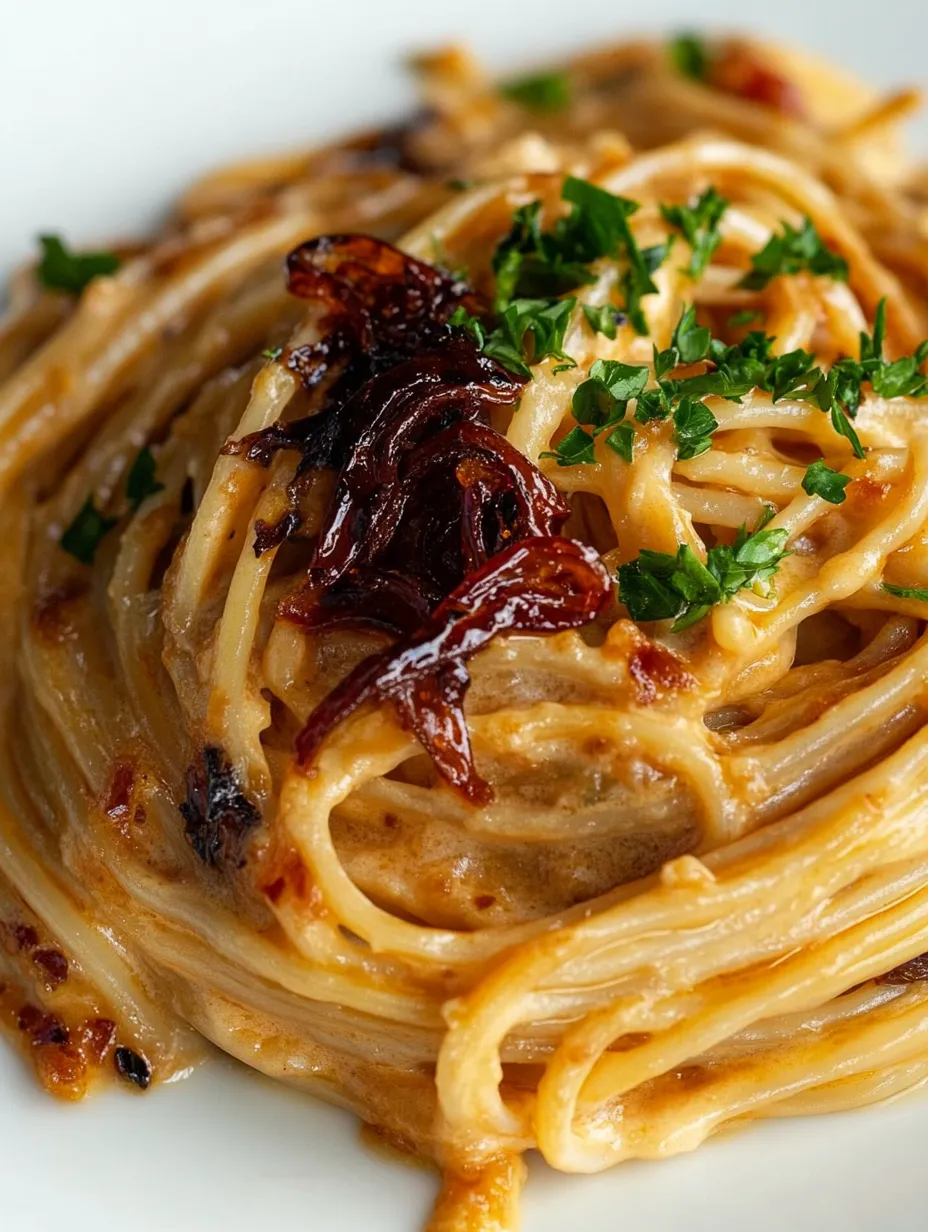 A plate of pasta with caramelized onions and chili oil.