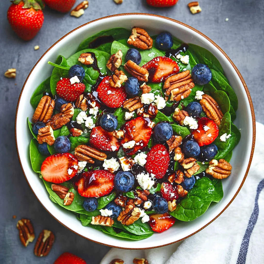 A bowl of strawberry spinach salad with blueberries and walnuts.