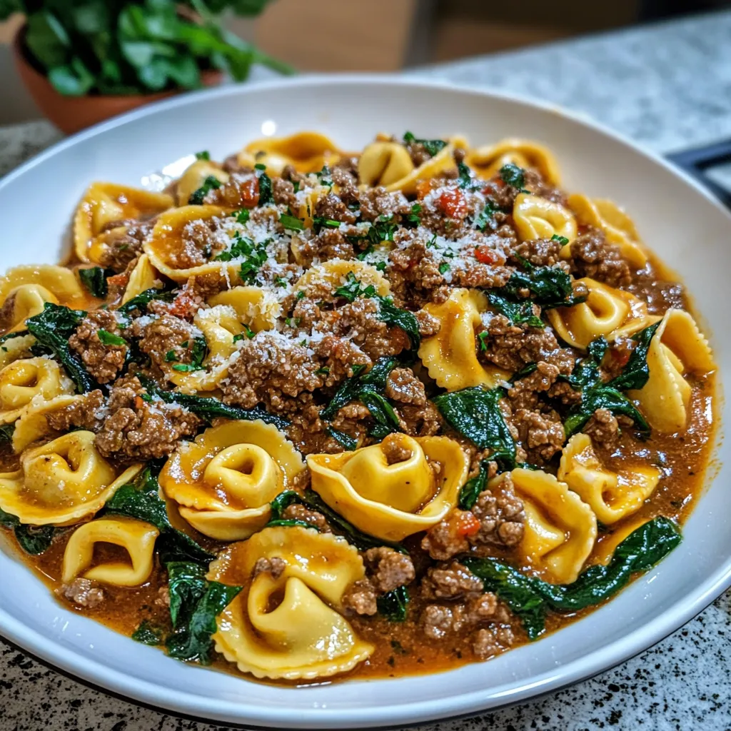 A plate of garlic butter beef and spinach tortellini.