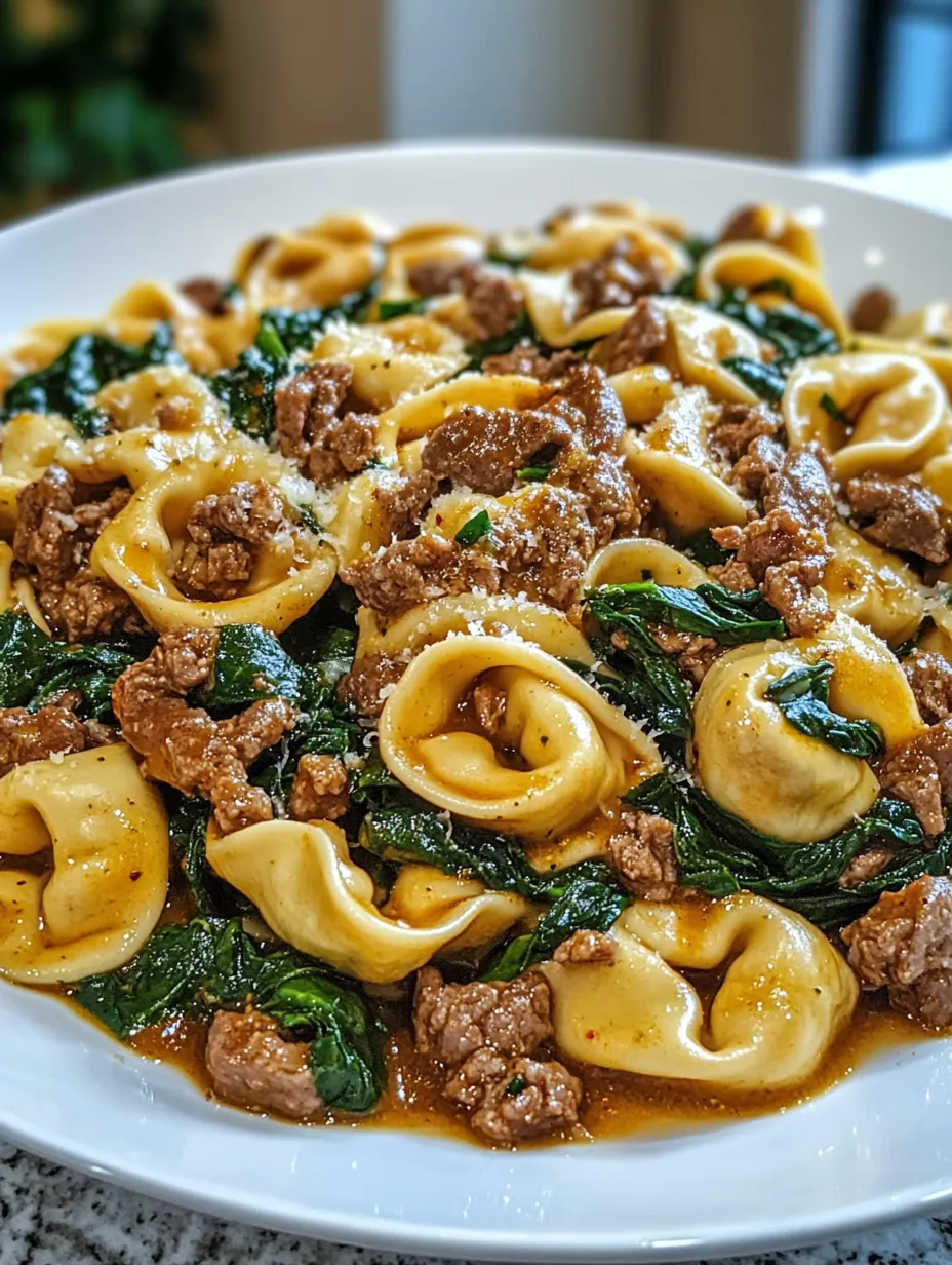 A plate of garlic butter beef and spinach tortellini.