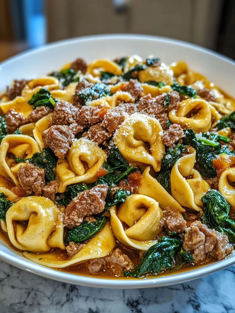 A bowl of garlic butter beef and spinach tortellini.