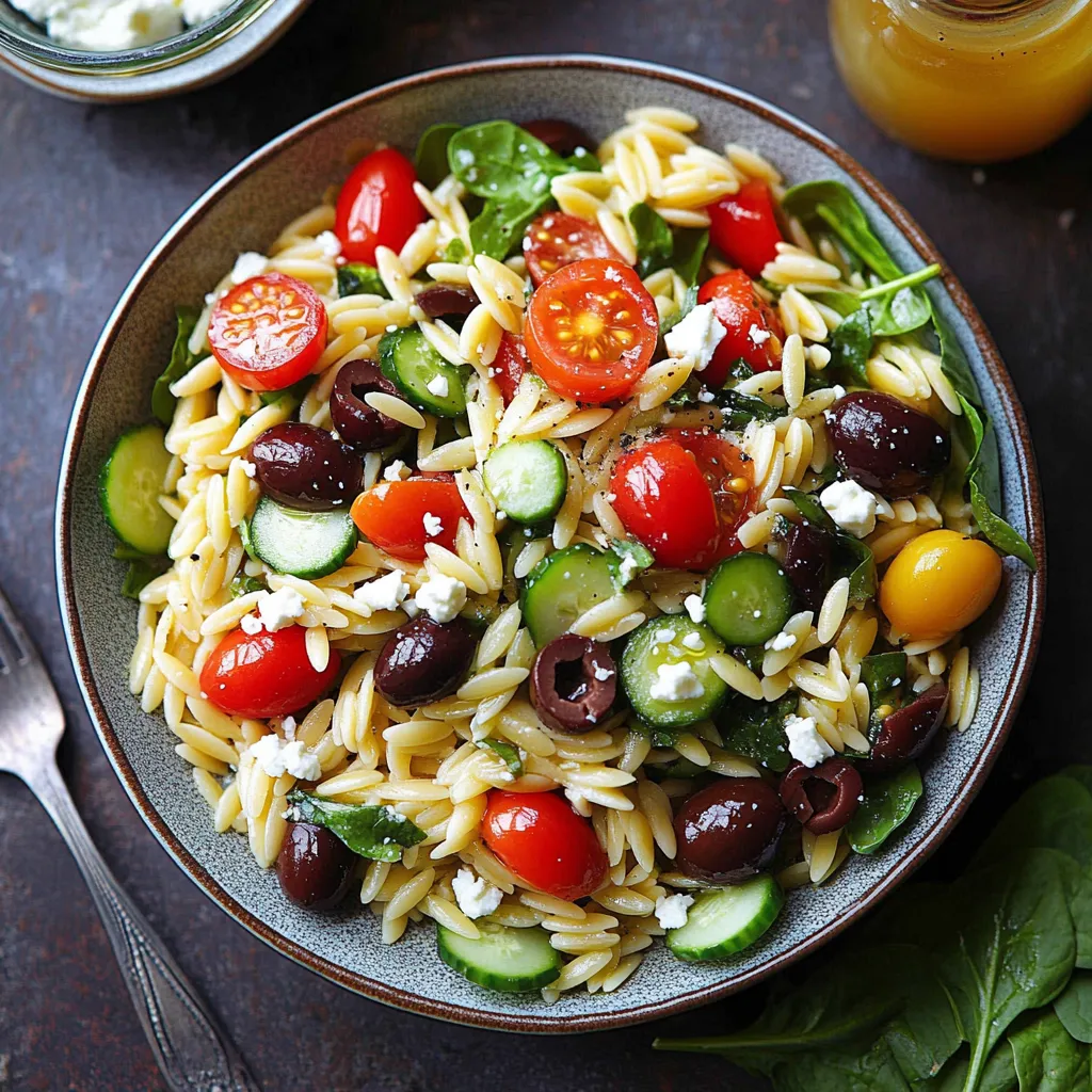 A bowl of pasta salad with tomatoes, cucumbers, olives, and feta cheese.