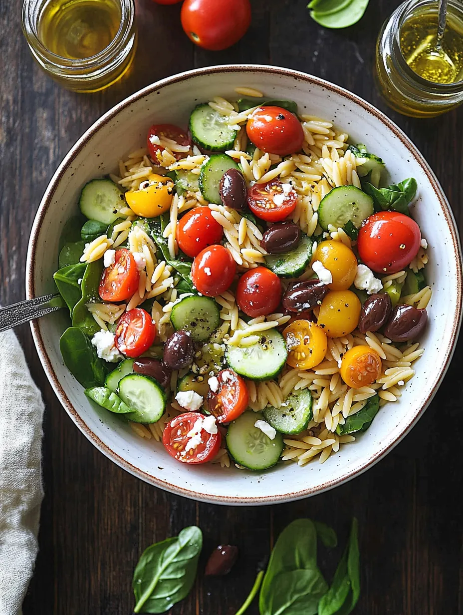 A bowl of orzo salad with tomatoes, cucumbers, and olives.