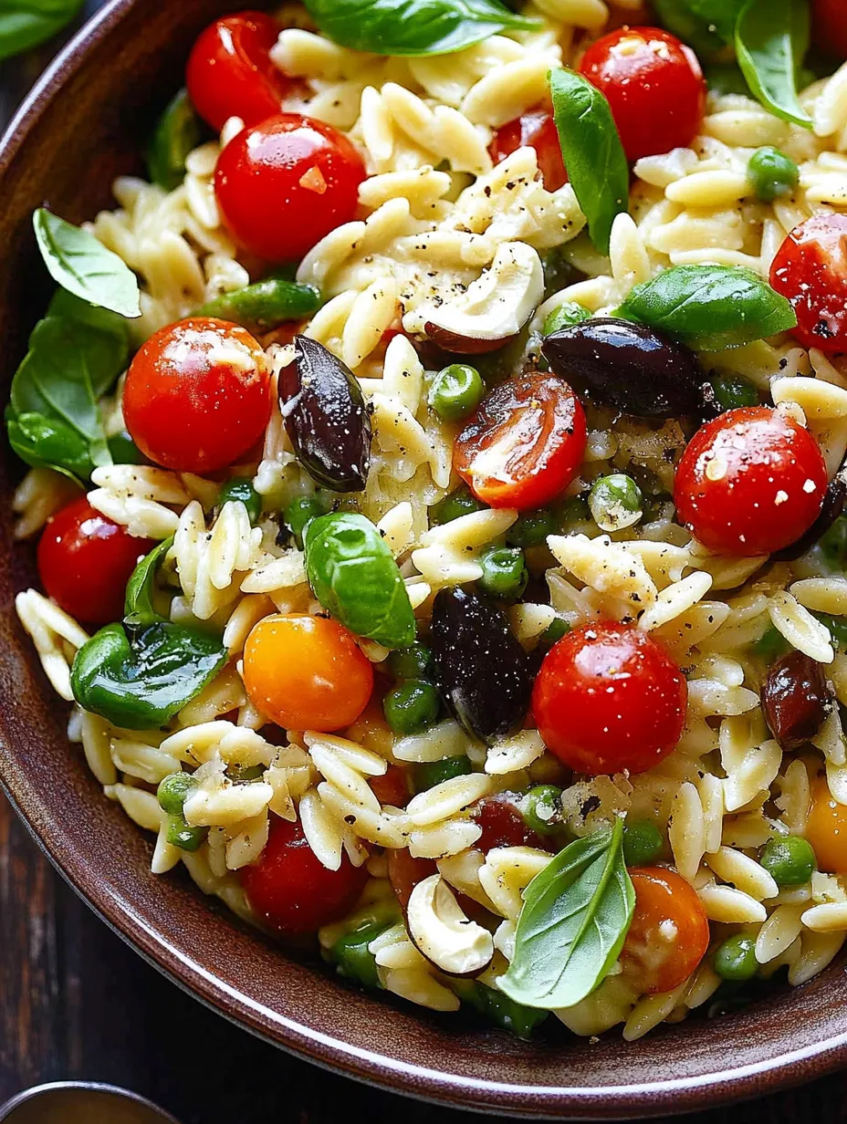 A bowl of orzo salad with tomatoes, peas, and olives.