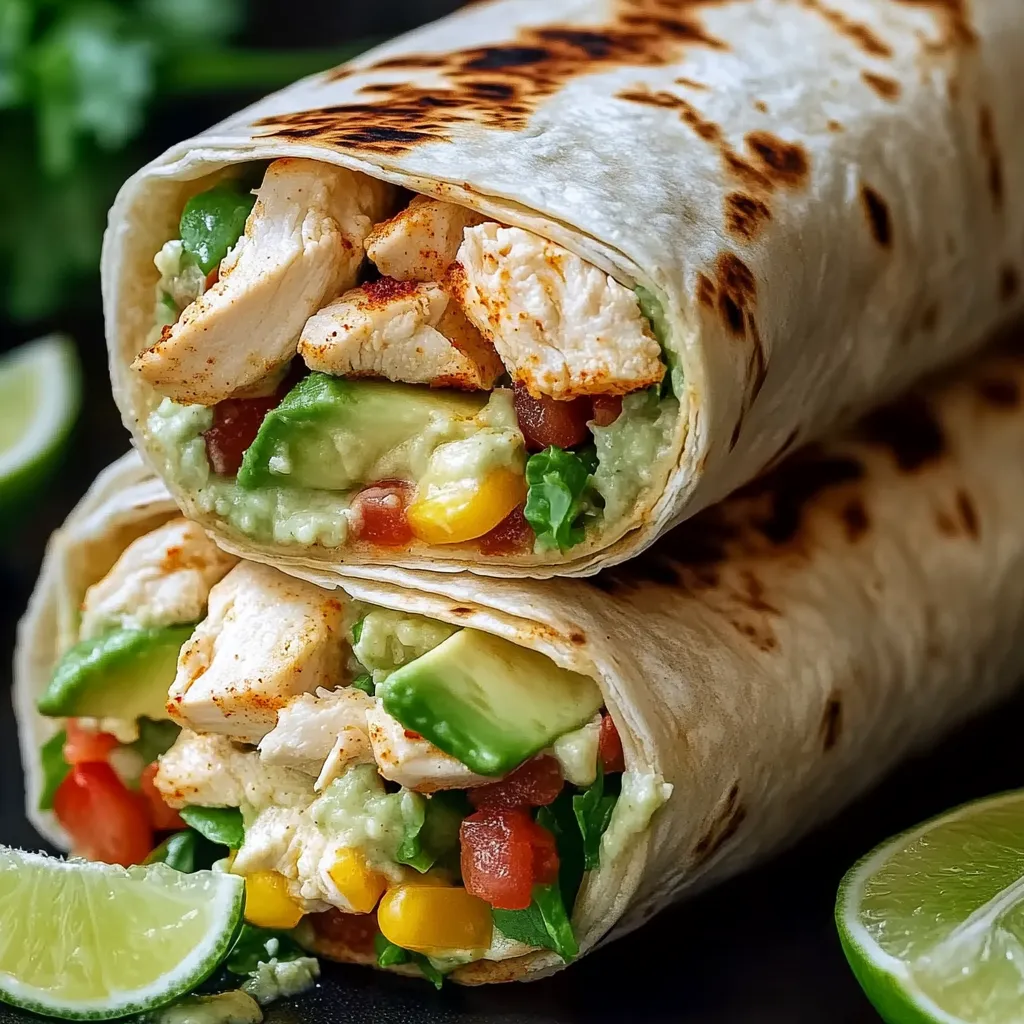 A burrito filled with chicken, avocado, and ranch dressing.
