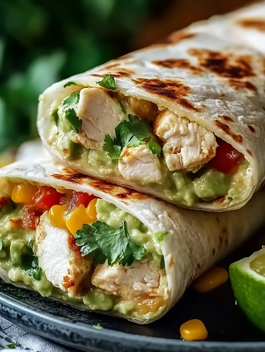 A burrito with chicken and avocado.