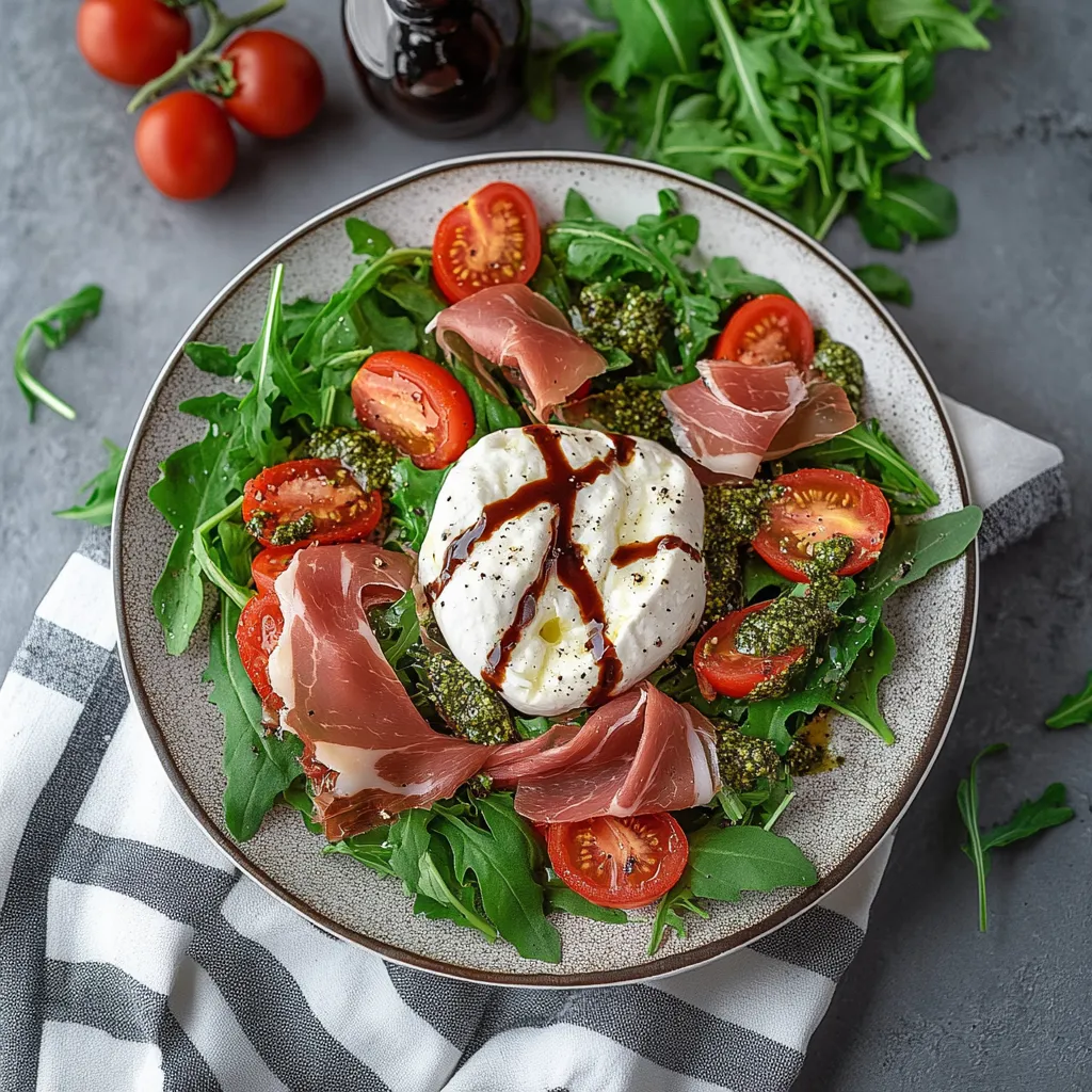 A plate of Burrata Caprese Salad with Prosciutto and Arugula.