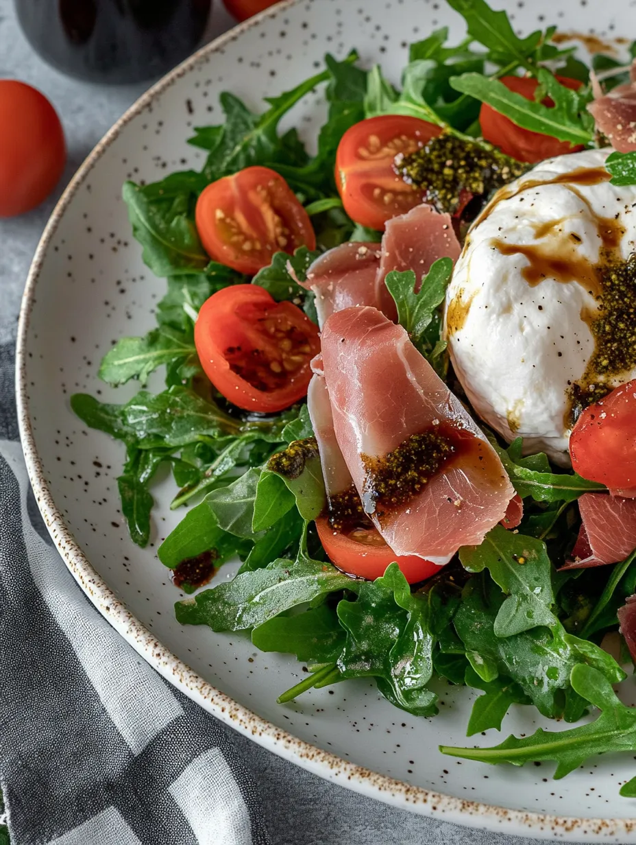 A plate of Burrata Caprese Salad with Prosciutto and Arugula.