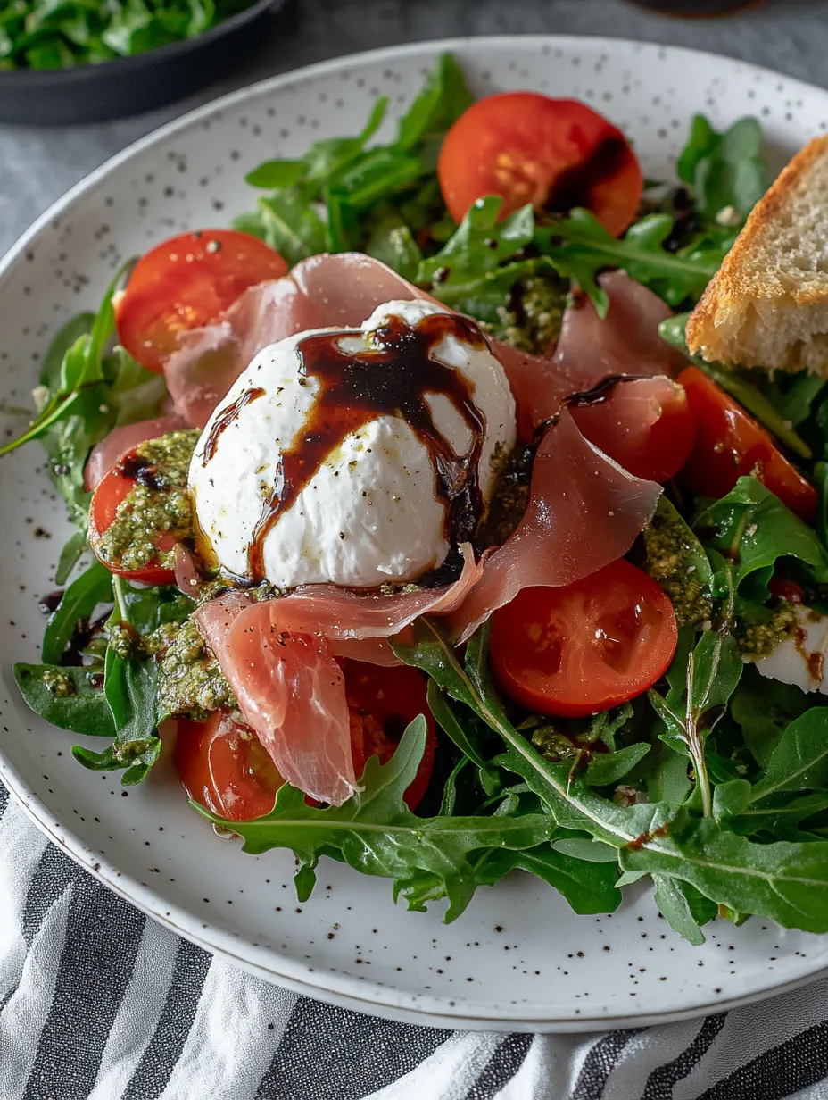 A plate of Burrata Caprese Salad with Prosciutto and Arugula.