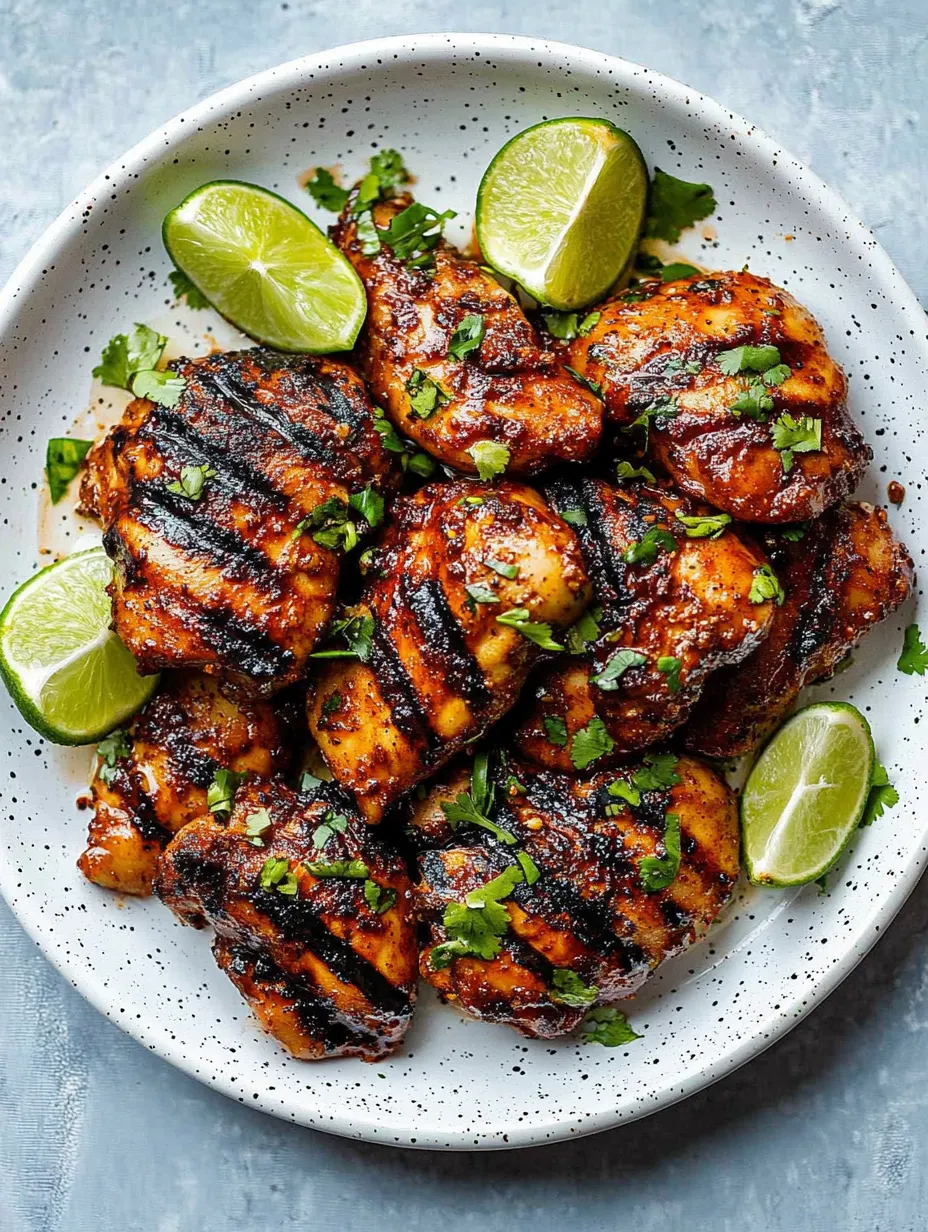 A plate of chicken with a marinade of lime and chili.
