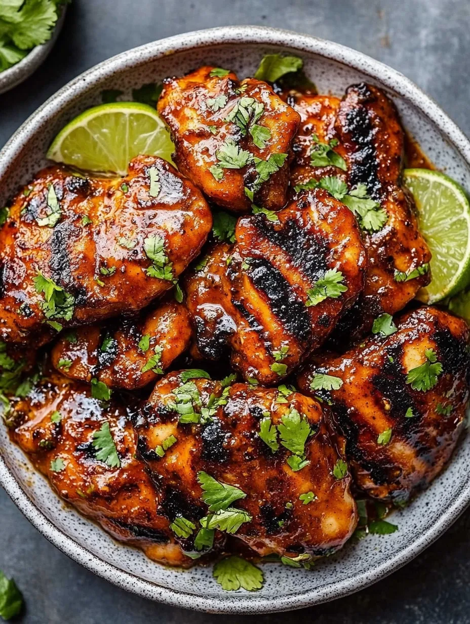 A bowl of chicken with a lime wedge on top.