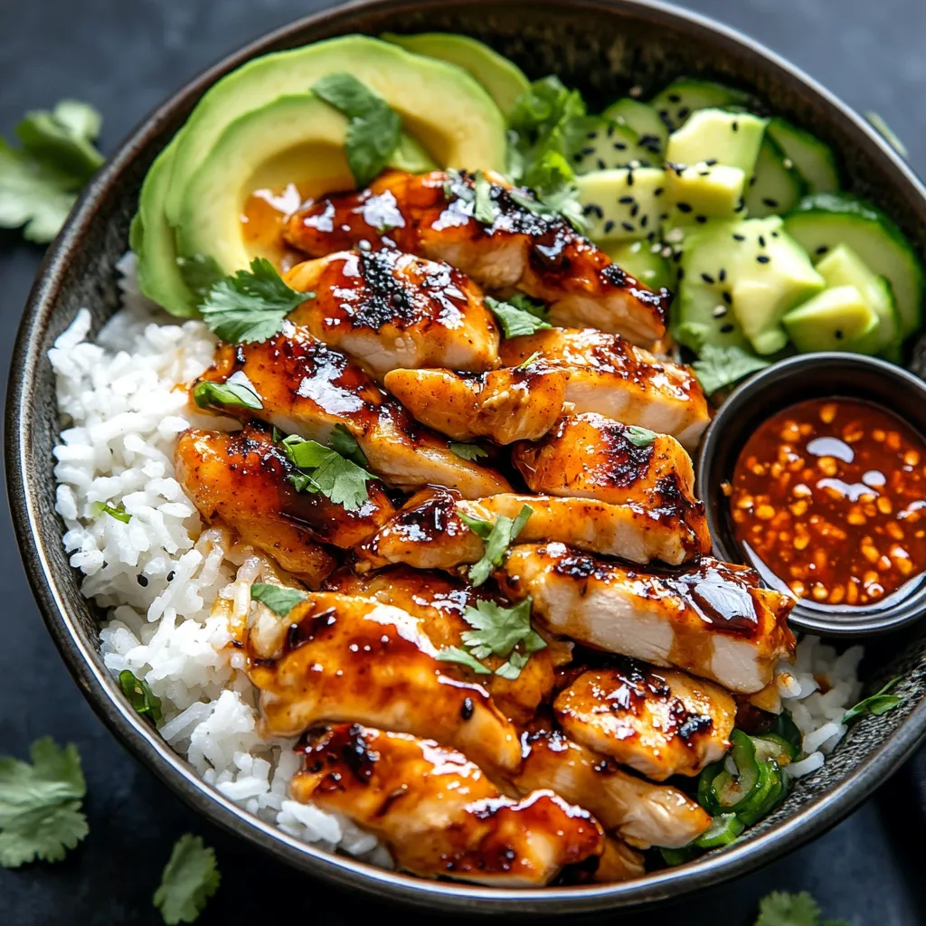 A bowl of food with rice, chicken, and sauce.