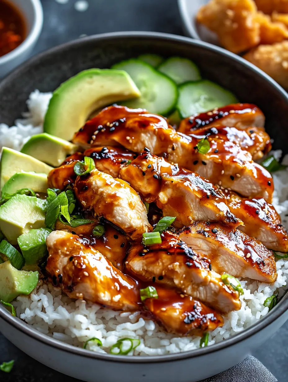A bowl of chicken with sauce and rice.