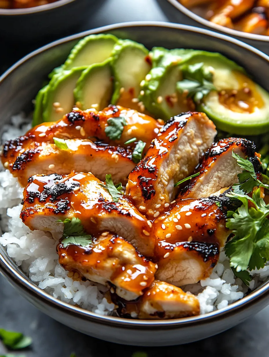 A bowl of chicken with sauce and garnish.