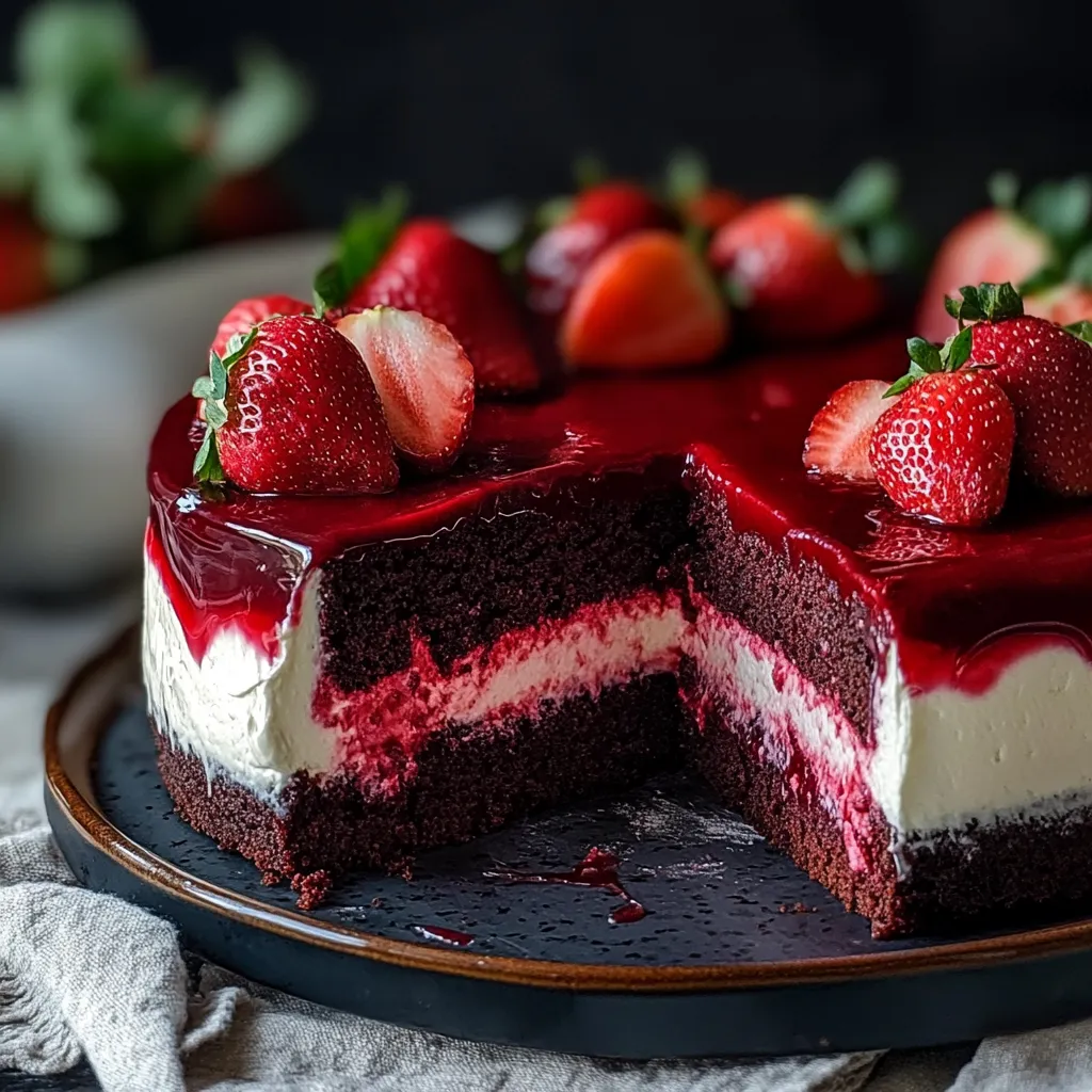 A slice of red velvet strawberry cheesecake.