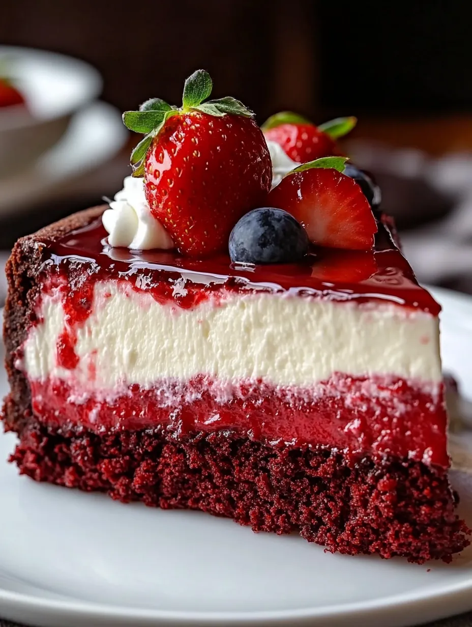 A slice of red velvet strawberry cheesecake.
