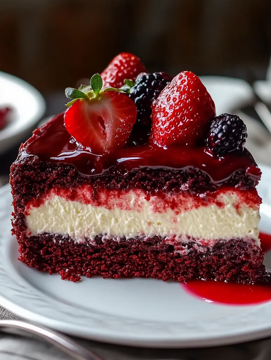 A slice of red velvet strawberry cheesecake.