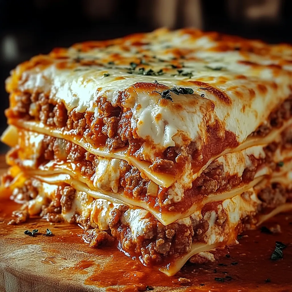 A stack of lasagna with a white sauce.