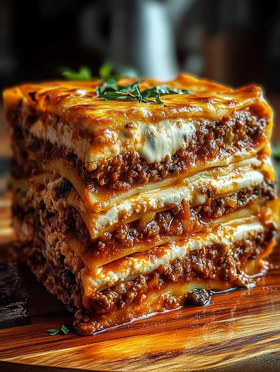 A stack of lasagna with white sauce.