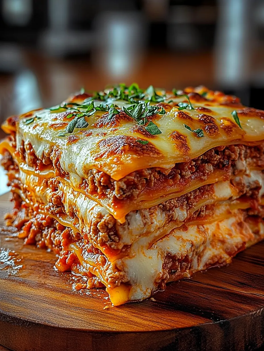 A stack of lasagna with cheese and sauce.