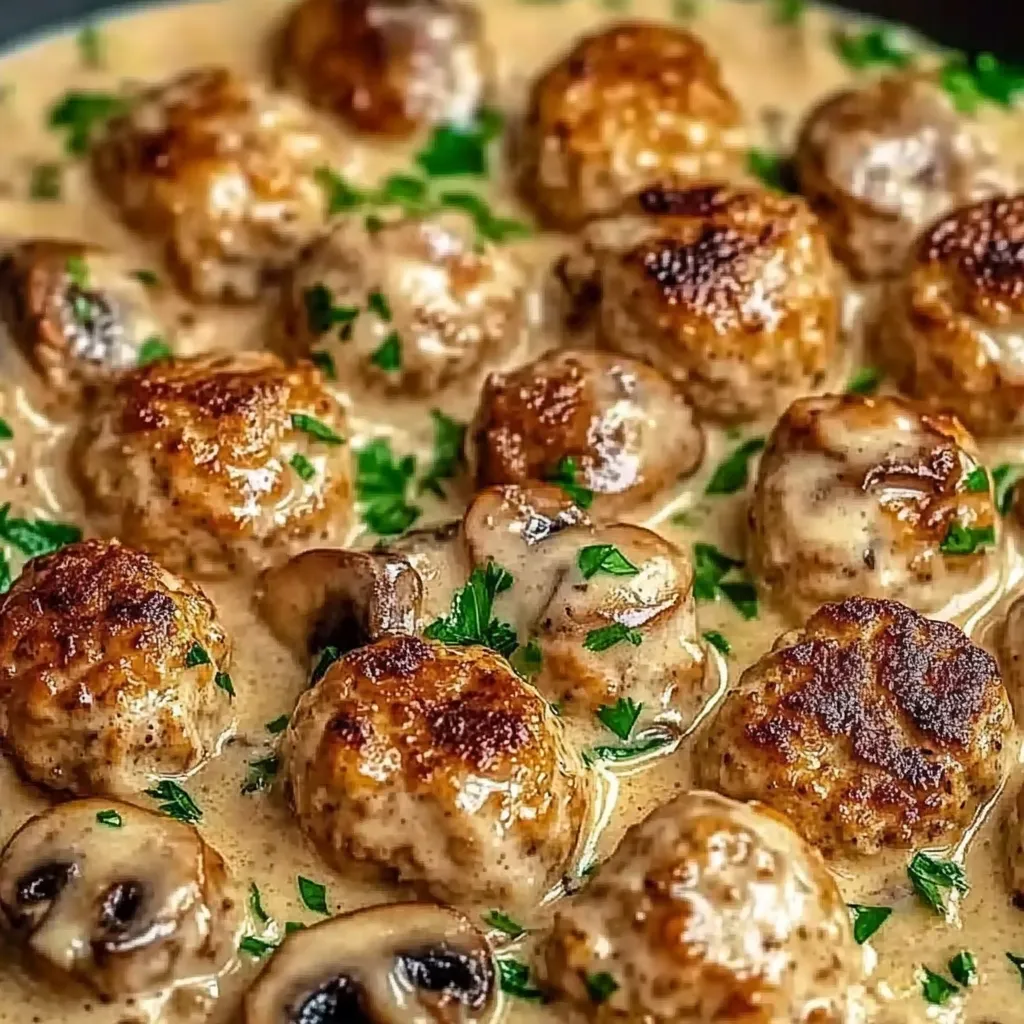 A plate of meatballs in a creamy mushroom sauce.