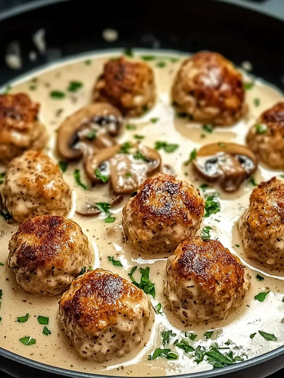 Meatballs in a creamy mushroom sauce.