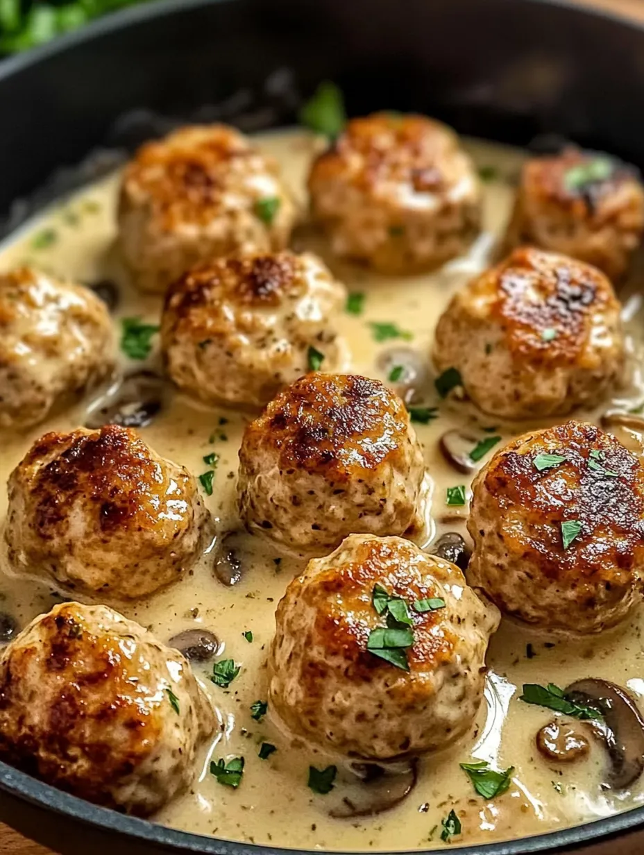 Meatballs in a creamy mushroom sauce.