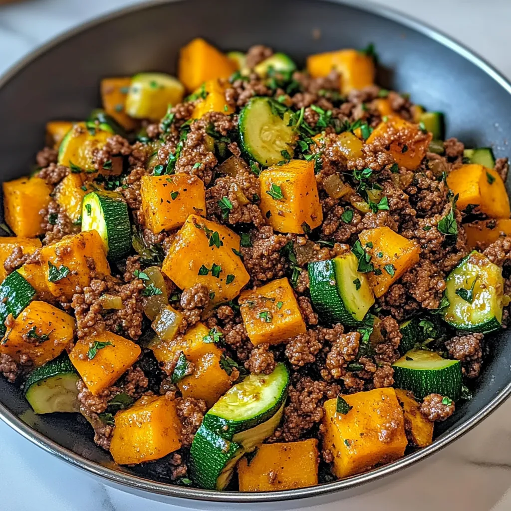 A skillet full of ground beef, zucchini, and sweet potato.