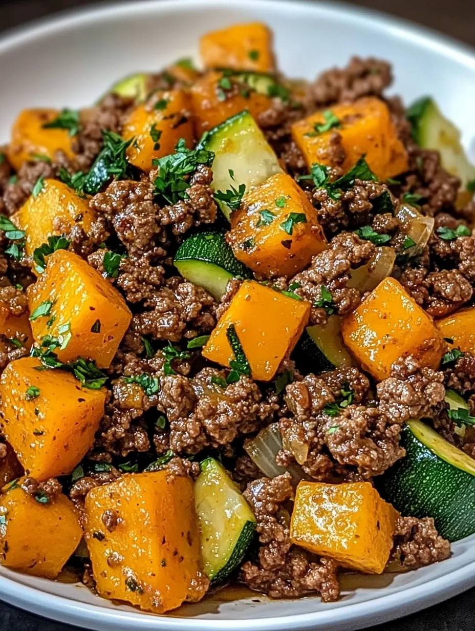 A skillet of ground beef, zucchini, and sweet potato.