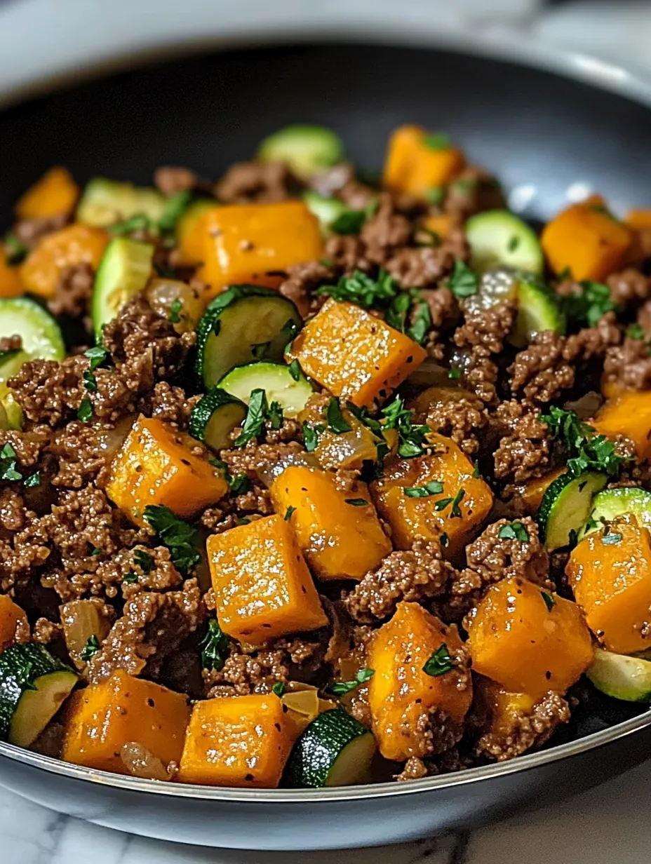 A skillet of ground beef, zucchini, and sweet potato.
