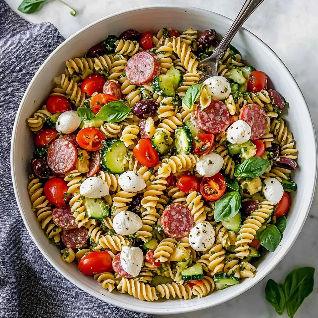 A bowl of Italian pasta salad.