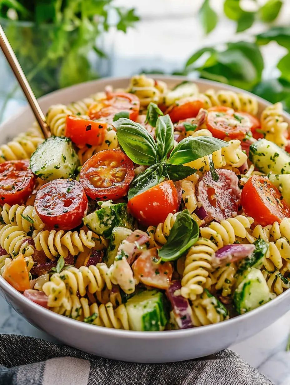 A bowl of Italian pasta salad.