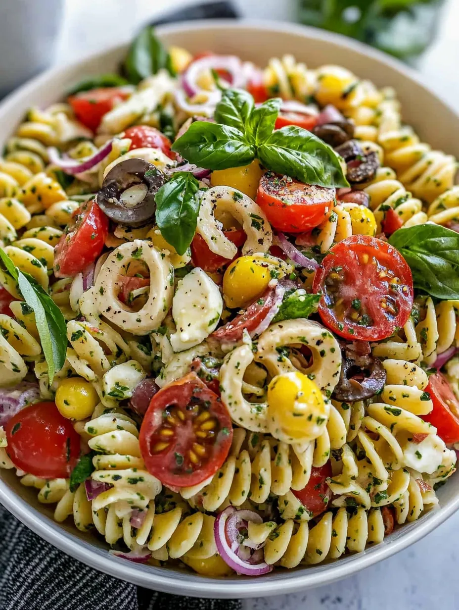 A bowl of Italian pasta salad.