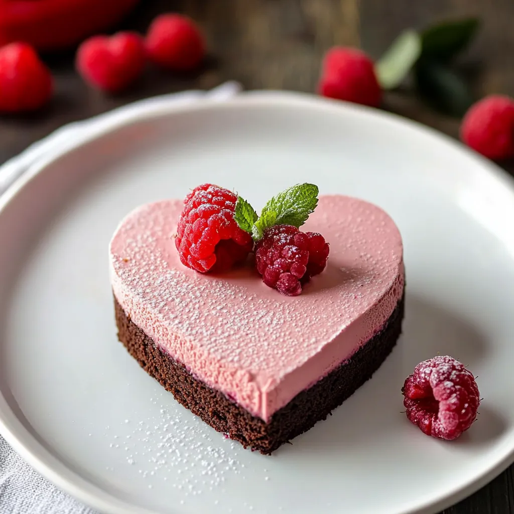 A heart shaped dessert made of raspberry mousse and brownies.