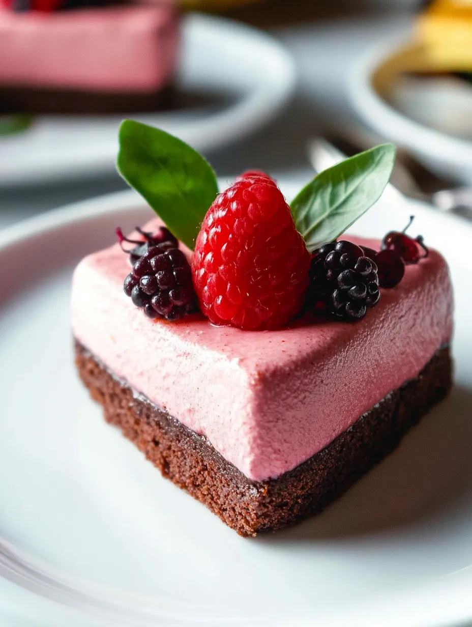 A heart shaped dessert with raspberry mousse and brownies.