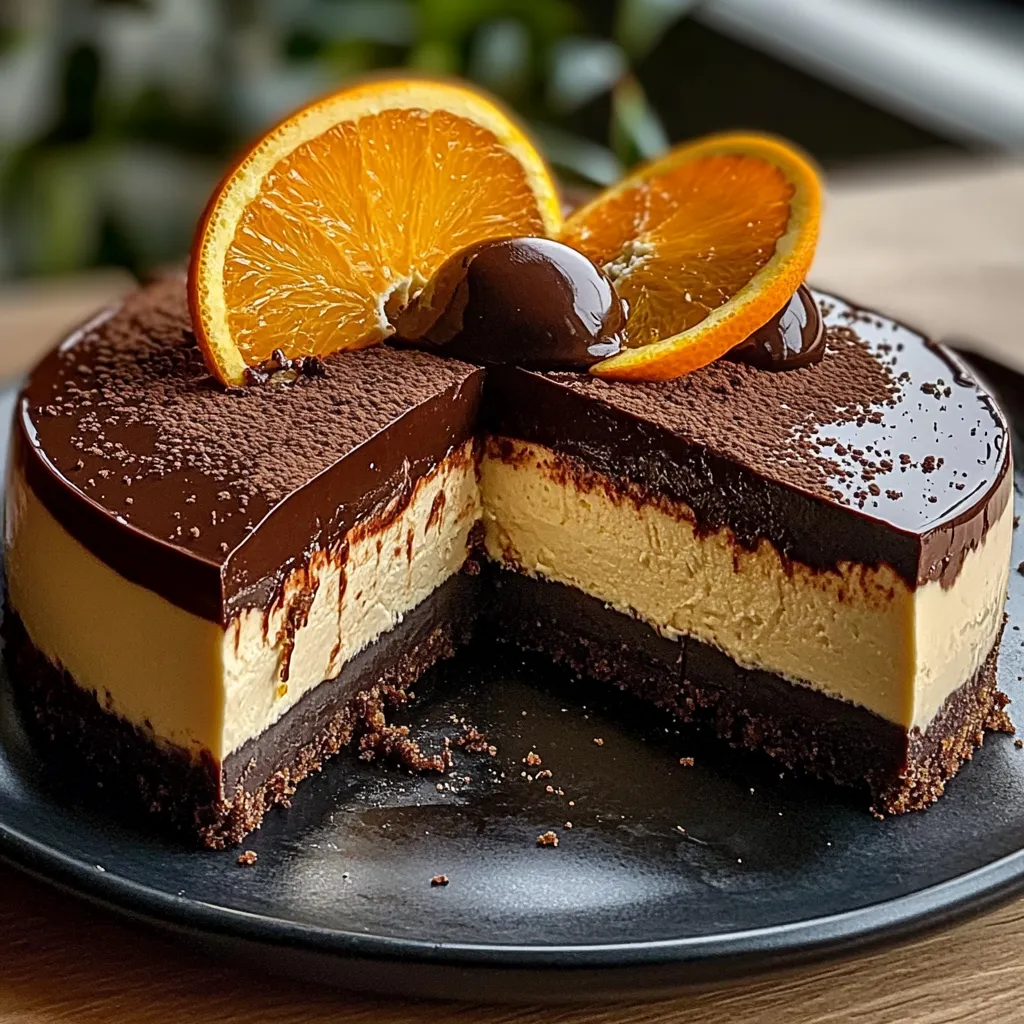 A slice of chocolate orange cheesecake dessert.
