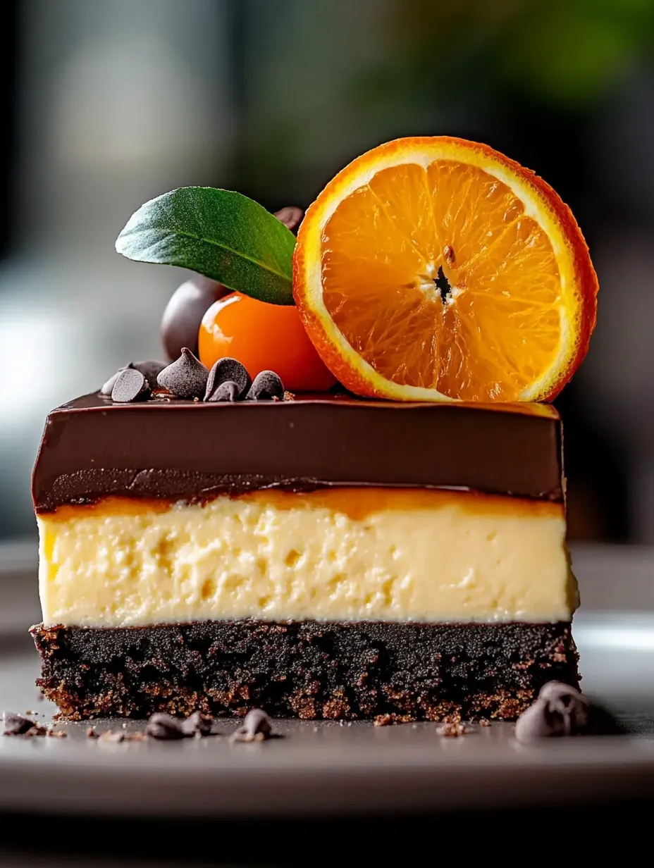 A slice of chocolate orange cheesecake dessert.