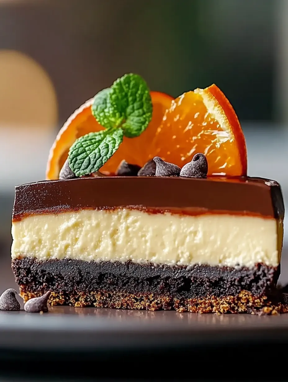 A slice of chocolate orange cheesecake dessert.