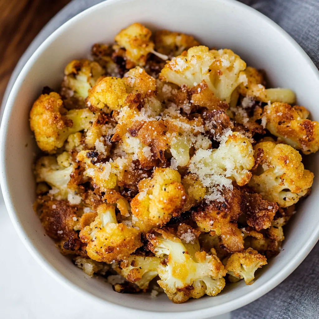 A bowl of crispy roasted cauliflower with cheddar cheese.