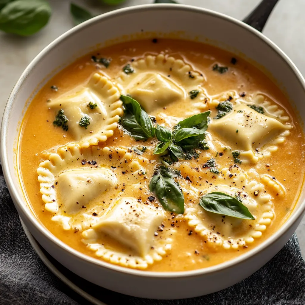 A bowl of creamy Tuscan ravioli soup.