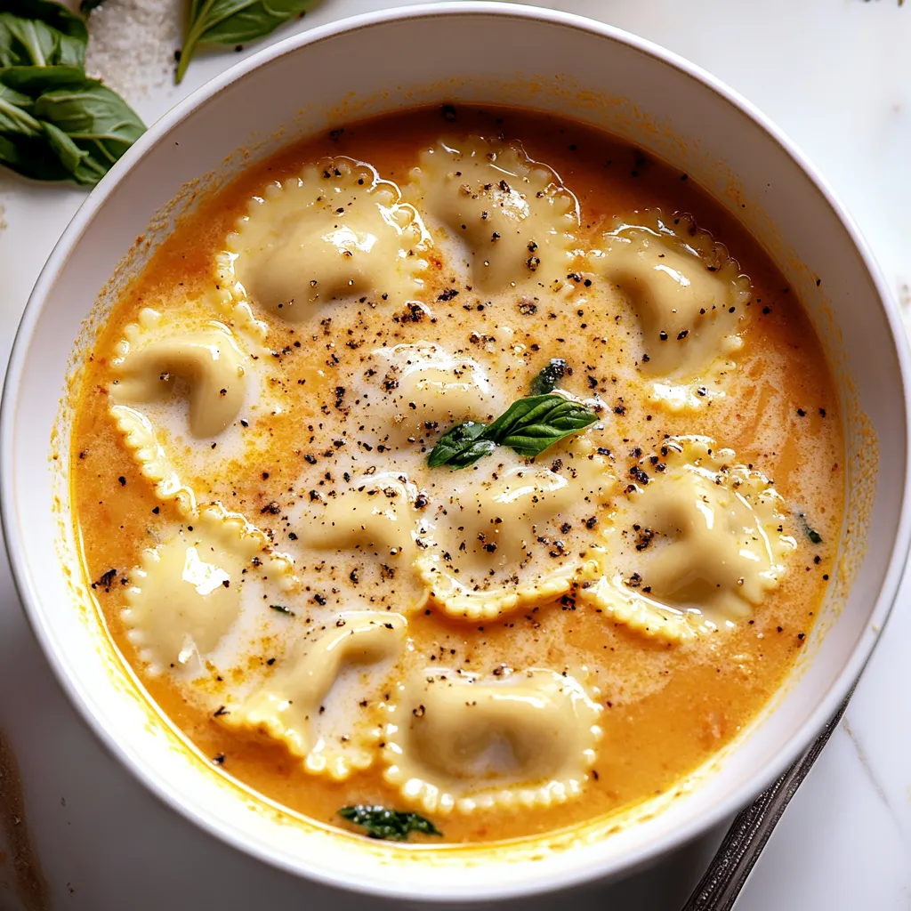 A bowl of creamy Tuscan ravioli soup.