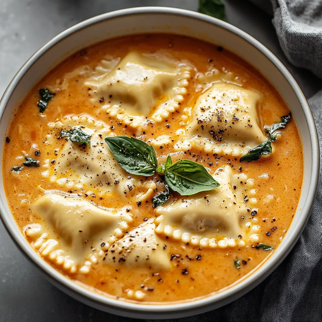 A bowl of creamy Tuscan ravioli soup.