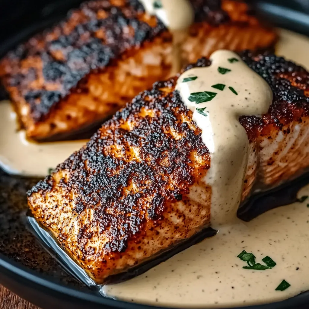 A dish of blackened salmon with creamy dijon sauce.