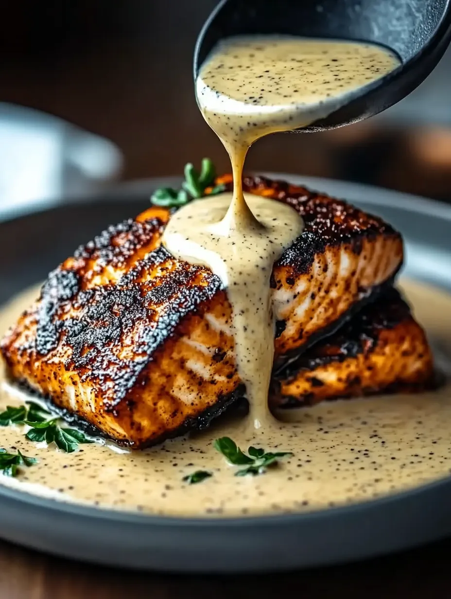 A piece of blackened salmon with a creamy dijon sauce.