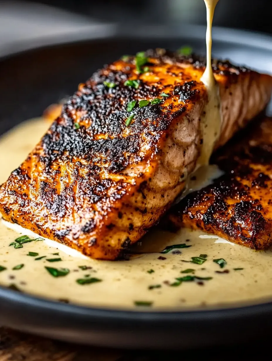 A plate of blackened salmon with creamy dijon sauce.