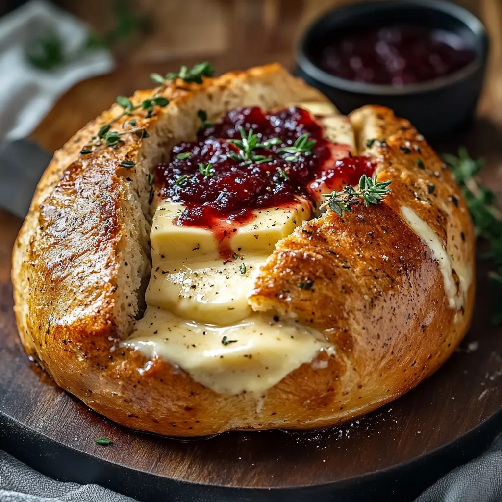 A garlic herb sourdough bread stuffed with brie and cranberry sauce.