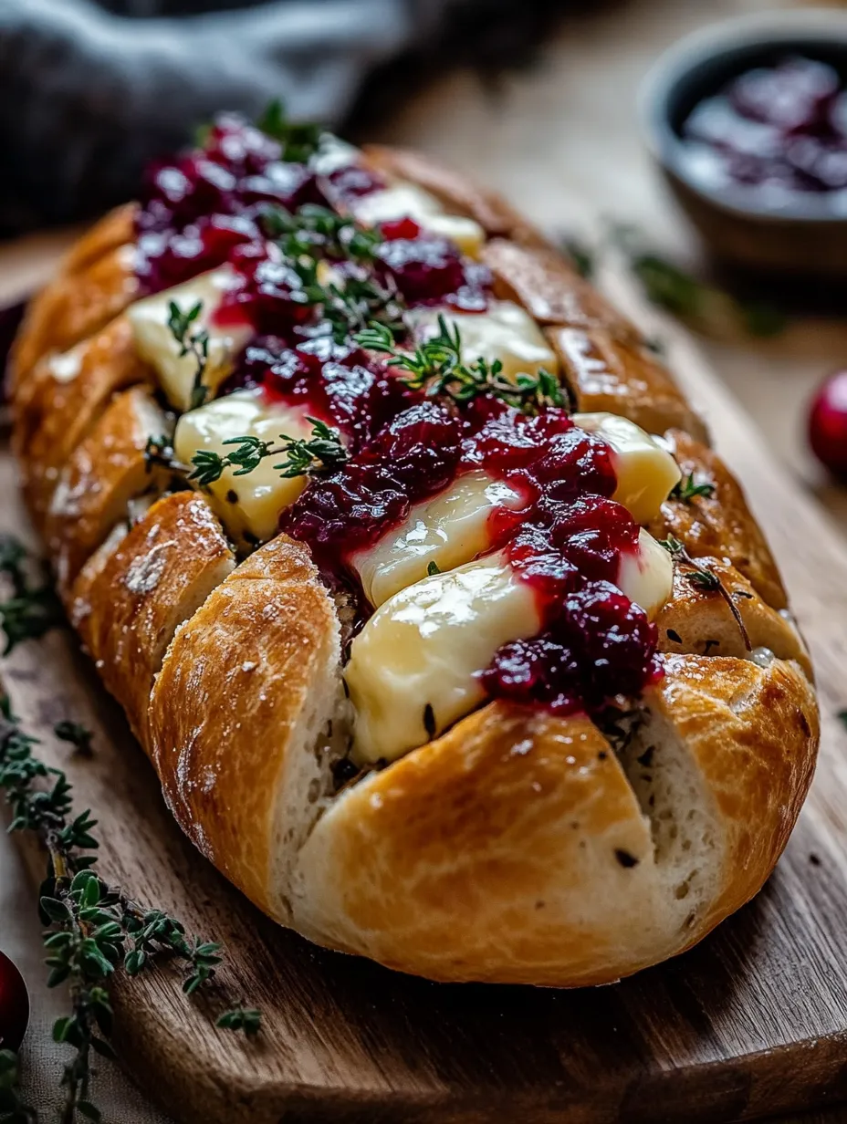 A loaf of bread with cheese and cranberry sauce.