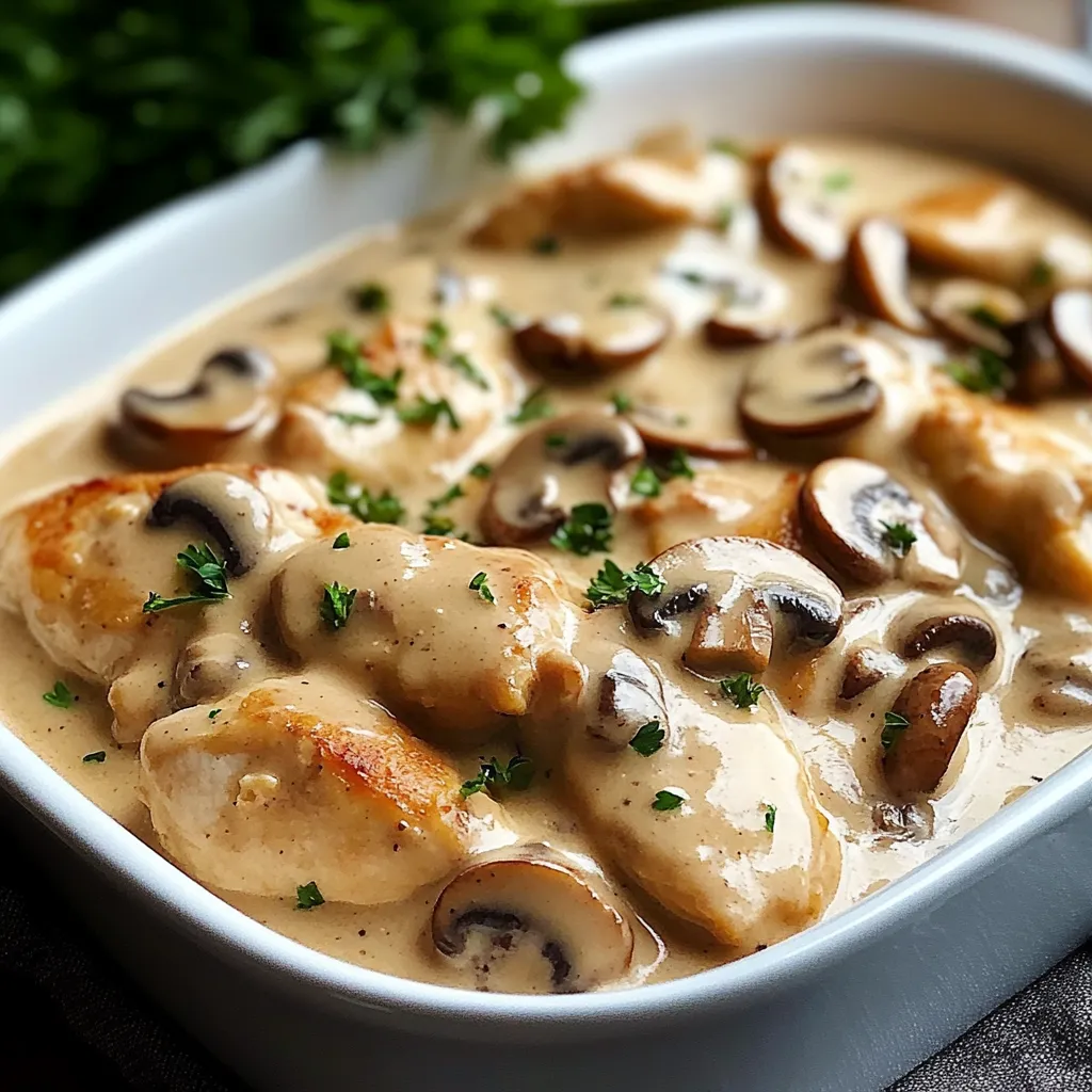 A white bowl filled with chicken and mushrooms.